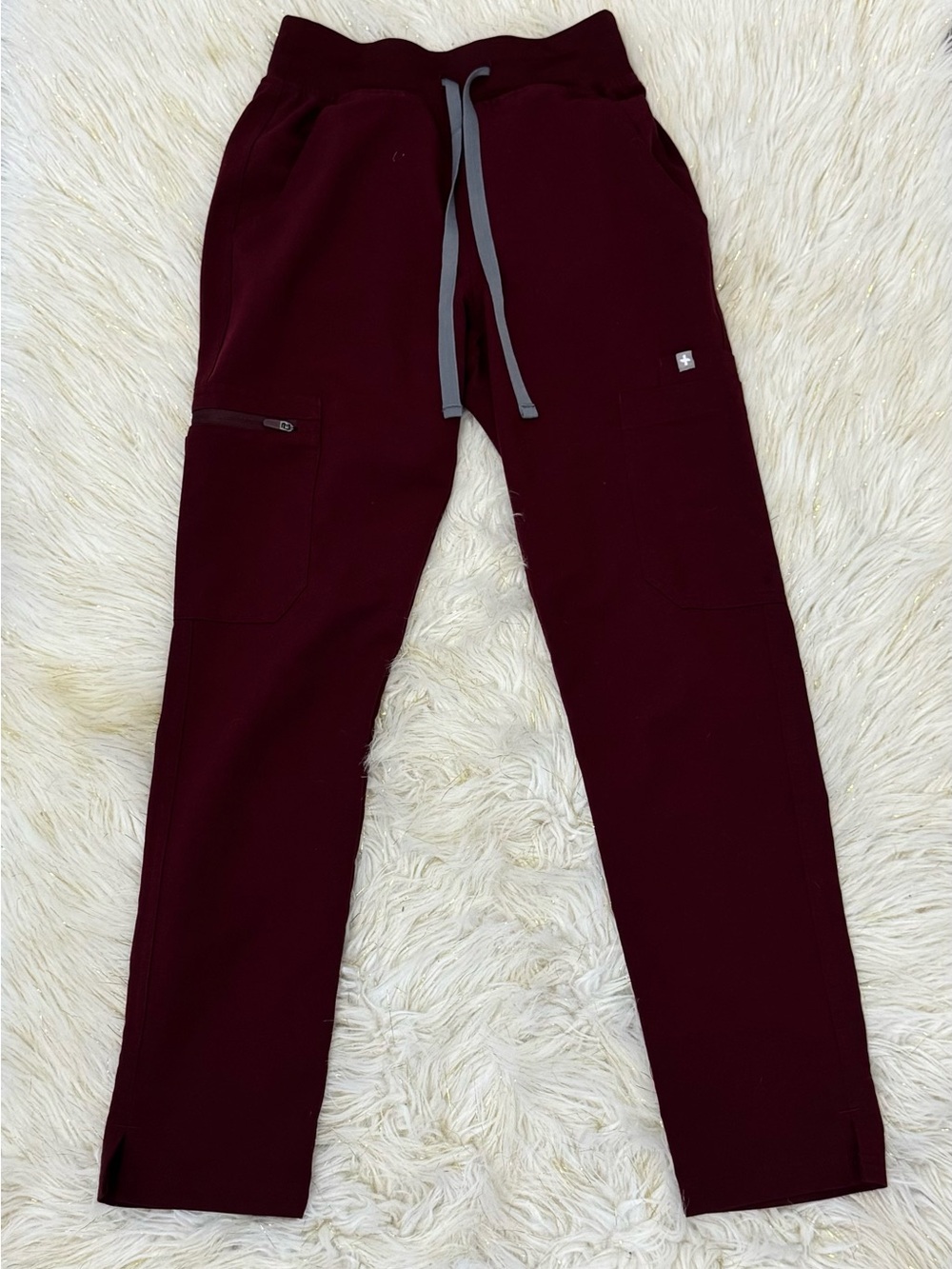 Figs Women's Straight-Leg Scrub Pants in Burgundy with Gray Drawstring
